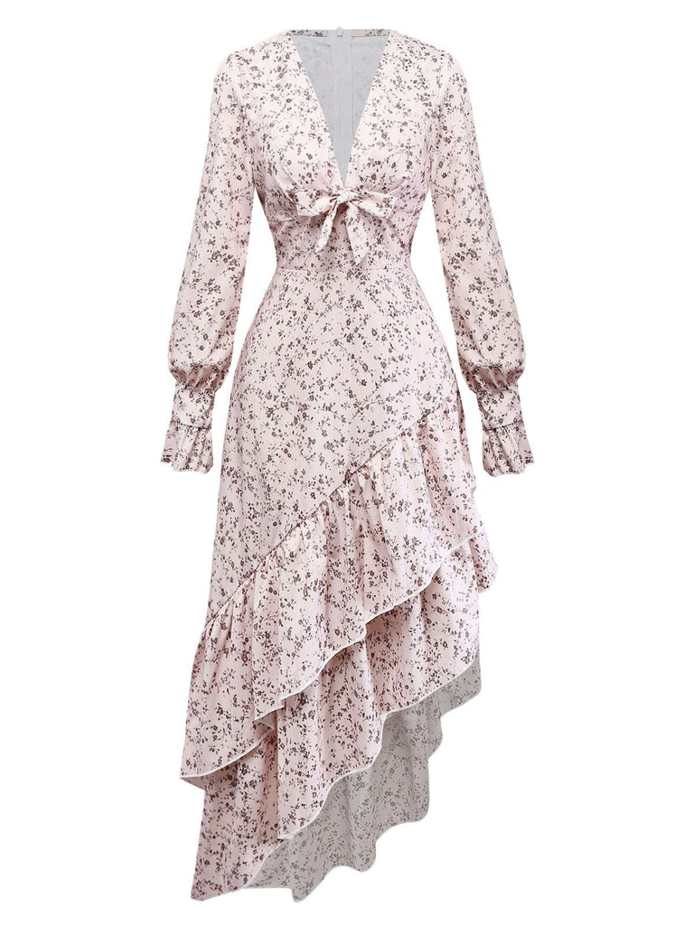 Robe multicolore à fleurs col en V et ourlet à volants irréguliers des années 1940