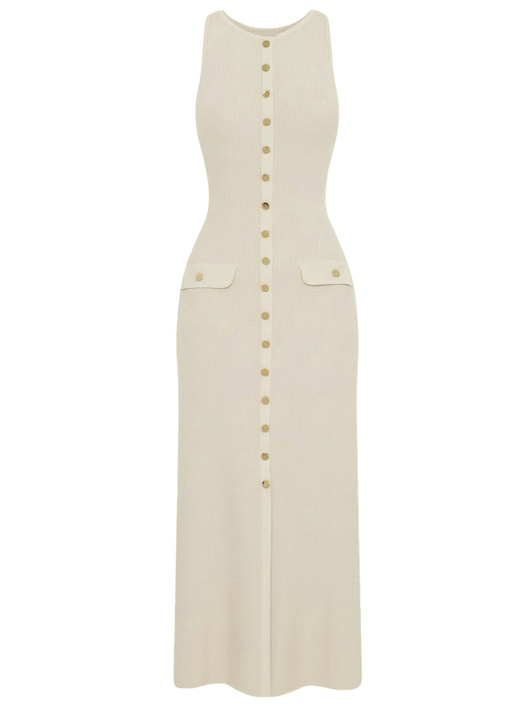 Robe tricotée unie sans manches simple boutonnage années 1960