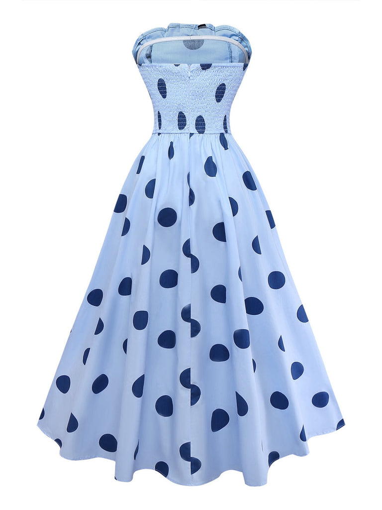 Robe Bleue Pois Sans Bretelles Plissée Années 1940