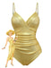 Maillot de bain une pièce doré à bretelles froncées et perles années 1980