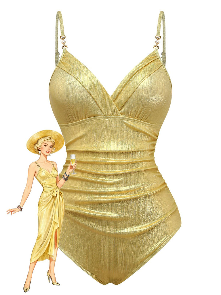 Maillot de bain une pièce froncé doré des années 1980 et paréo