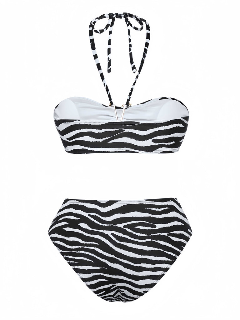 Ensemble de bikini bandeau zèbre et accents d'étoiles de mer années 1960