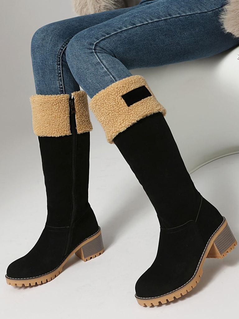 Bottes de neige d'hiver à talons carrés en faux daim