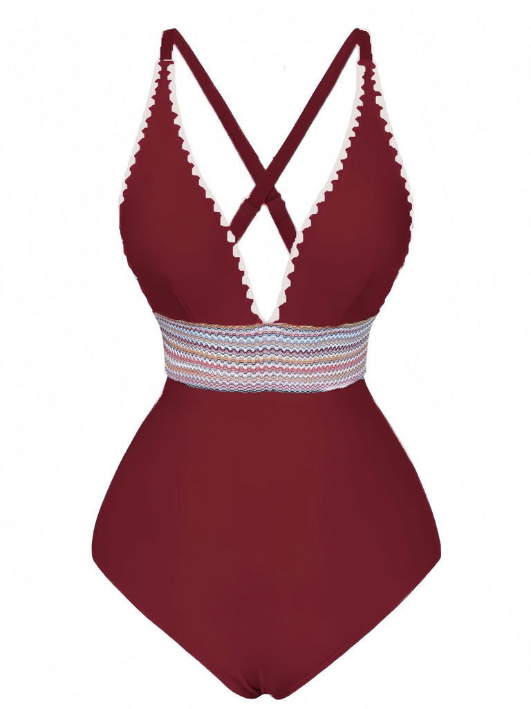 Maillot De Bain Une Pièce Col V Profond Ondulé Patchwork Année 1940