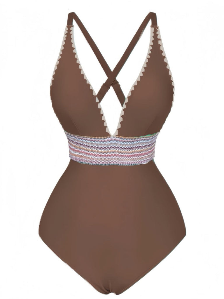 Maillot De Bain Une Pièce Col V Profond Ondulé Patchwork Année 1940