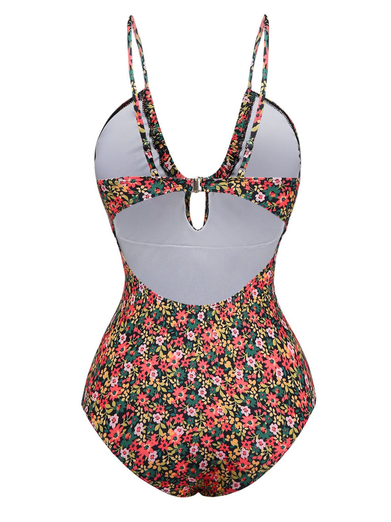 Maillot de bain une pièce à bretelles et cordons floraux des années 1930