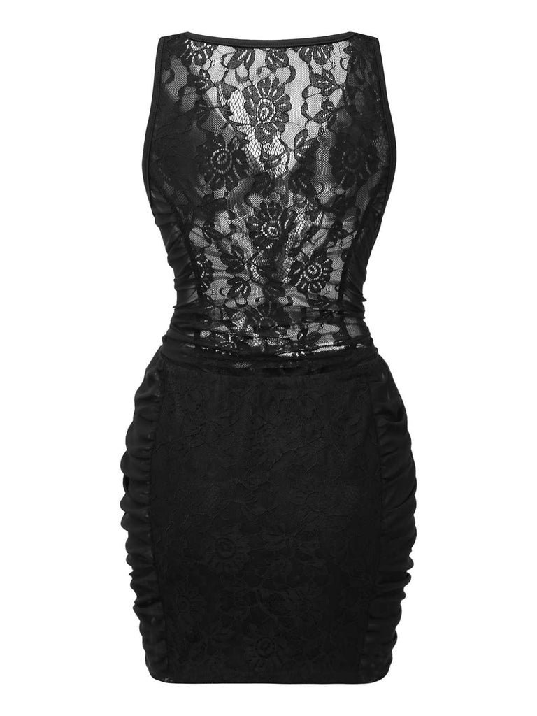 2PCS Haut et jupe transparents en dentelle florale noire des années 1960