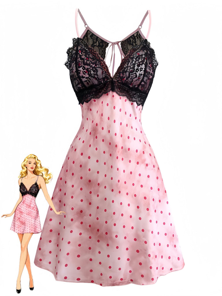 Nuisette dos nu en satin rose à pois et bordure en dentelle années 1940