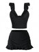 Black two-piece swimsuit with ruffled details on a white background