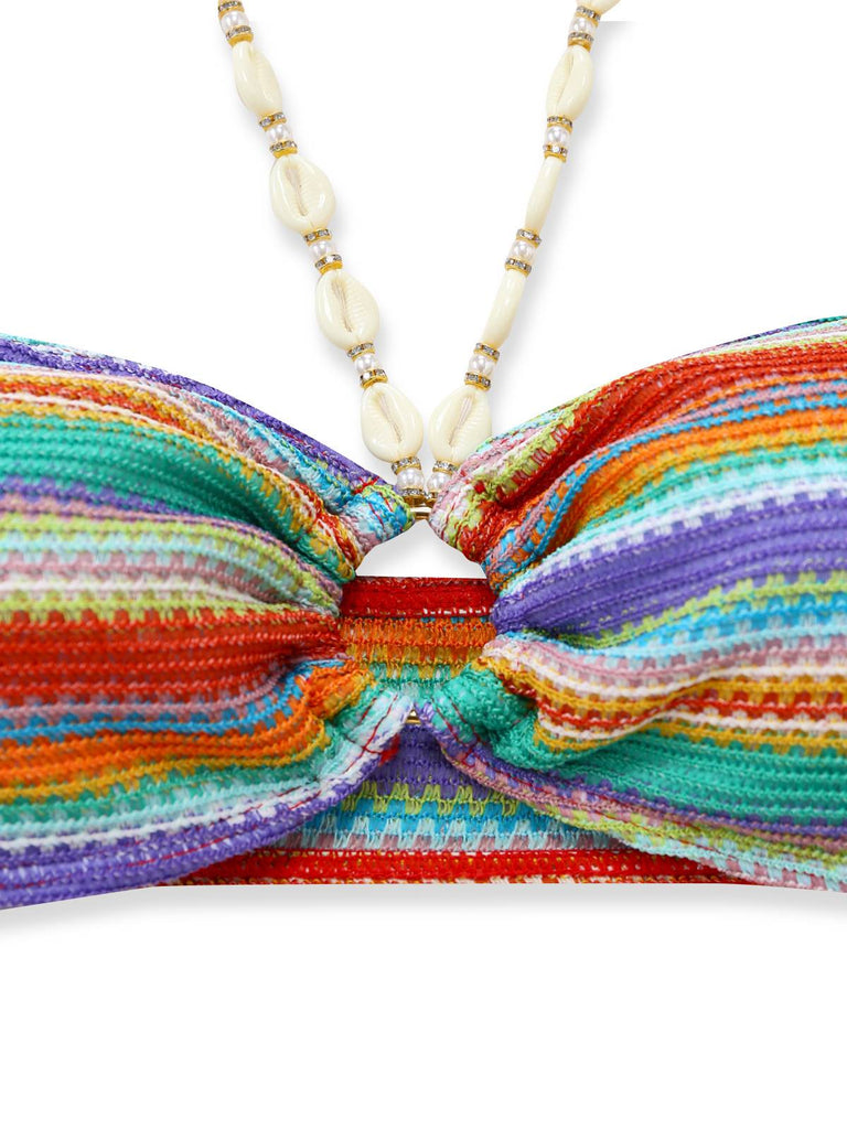 3PCS Multicolore Halter Arc-en-Ciel Rayures Bretelles Coquillage Ensemble Bikini Années 1970 4