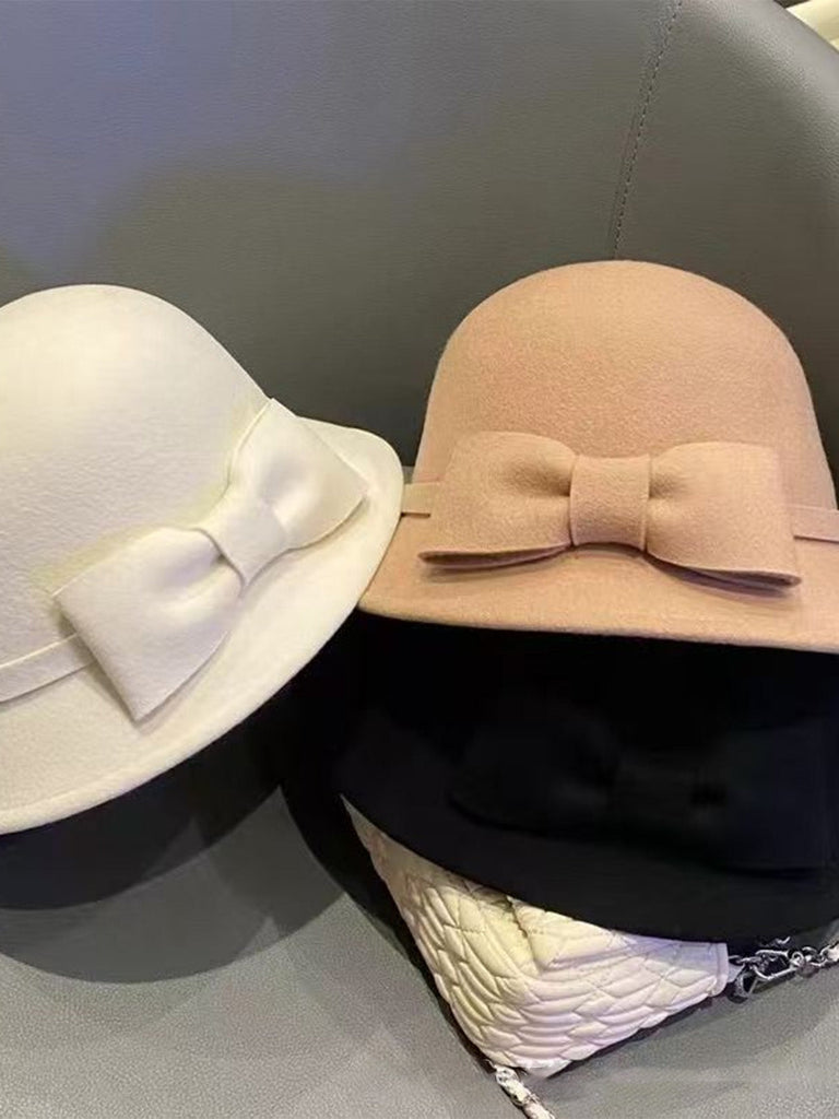Chapeau cloche vintage en fausse laine unie avec nœud papillon