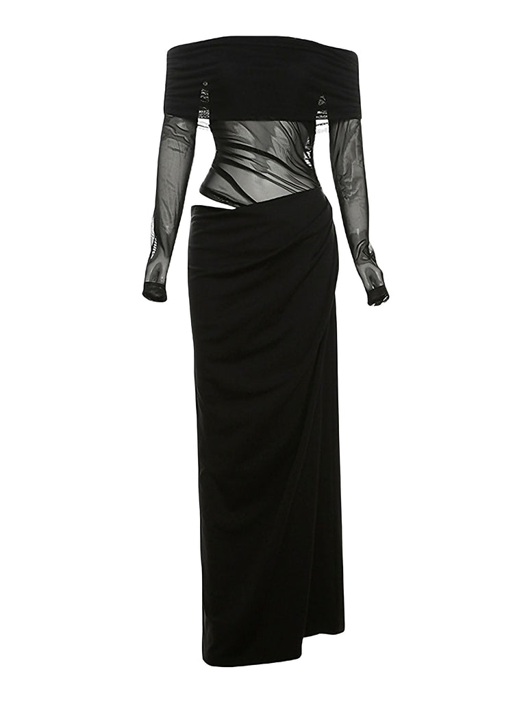 Robe transparente unie à épaules dénudées en résille ajourée années 1980