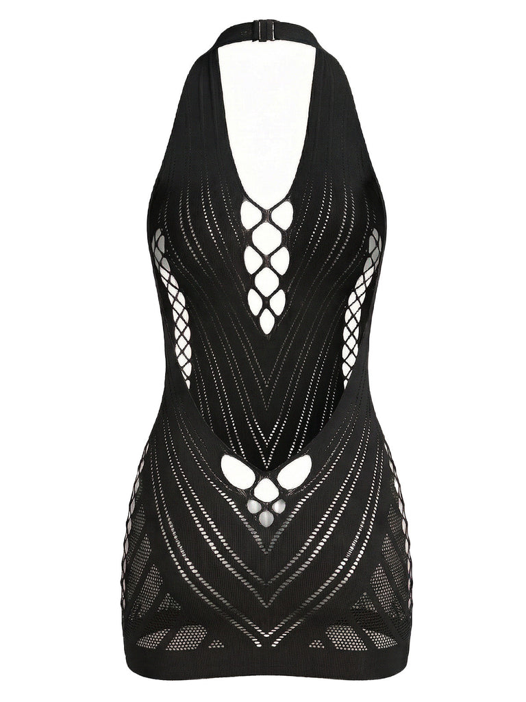 Robe de lingerie mini en résille à décolleté dos nu années 1960