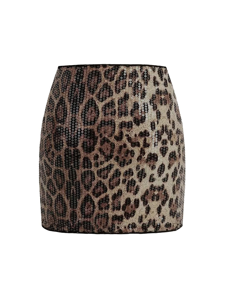 Mini-jupe sequins imprimé léopard marron années 80