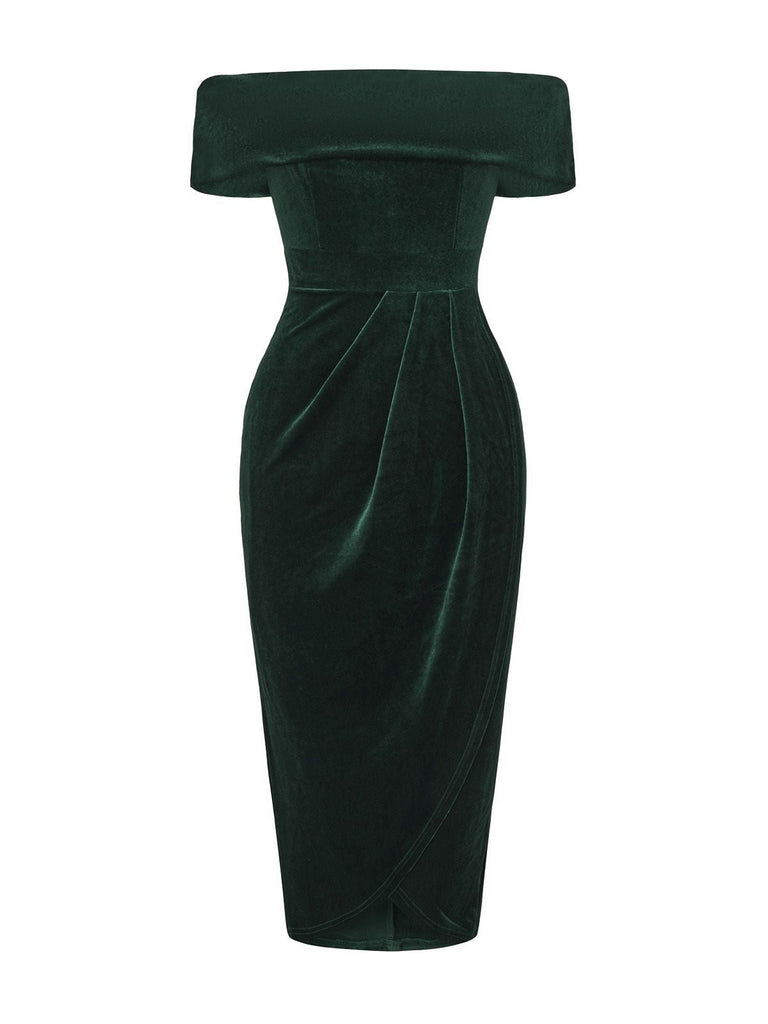 Robe mi-longue à épaules dénudées en velours uni des années 1980