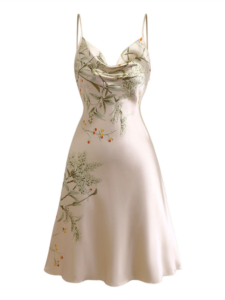 2PCS Nuisette en satin à bretelles et peignoir fleuries des années 1950