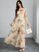 Robe longue beige fleurie à volants en maille années 1930