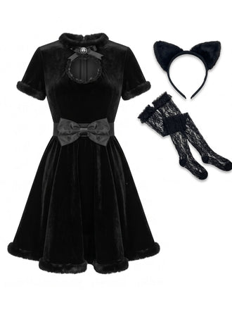 Ensemble robe noire en velours ajouré à nœud et motif chat pour Halloween Années 1980 - 1