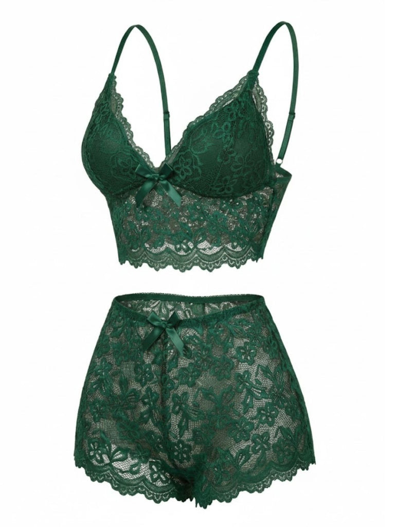 Ensemble De Pyjama Bretelles Fin Dentelle Fleurie Nœud Rouge Année 1960