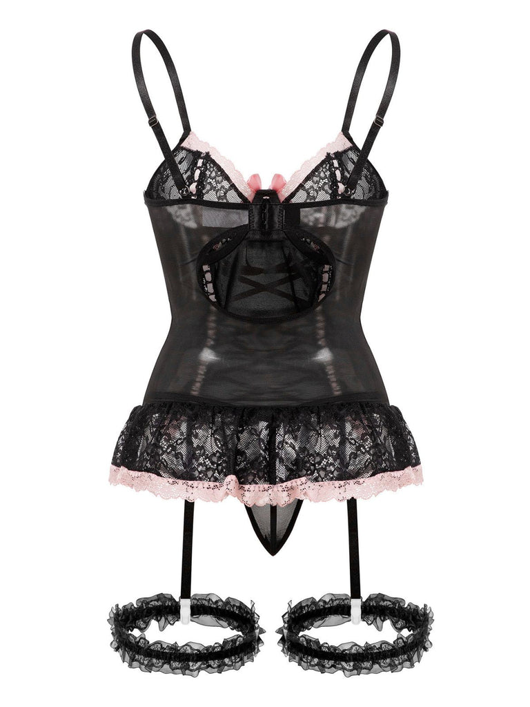 Ensemble de lingerie lacets et nœud en dentelle contrastée années 1970