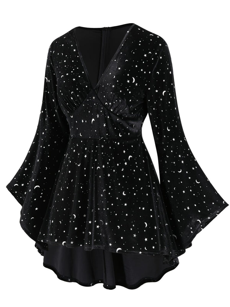 [Grande taille] Robe noire en velours col en V motif étoiles des années 1960