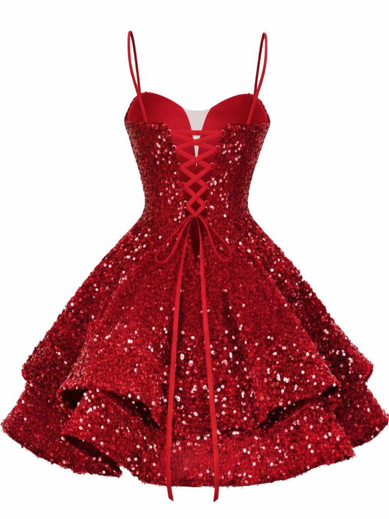 Robe de soirée bleu à paillettes décolleté en V profond et lacets années 1950