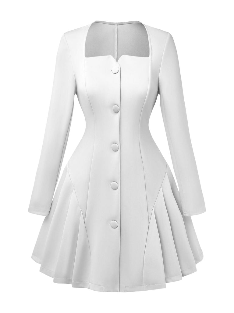 Robe Uni Plissée Manches Longues Col CœurAnnée 1950