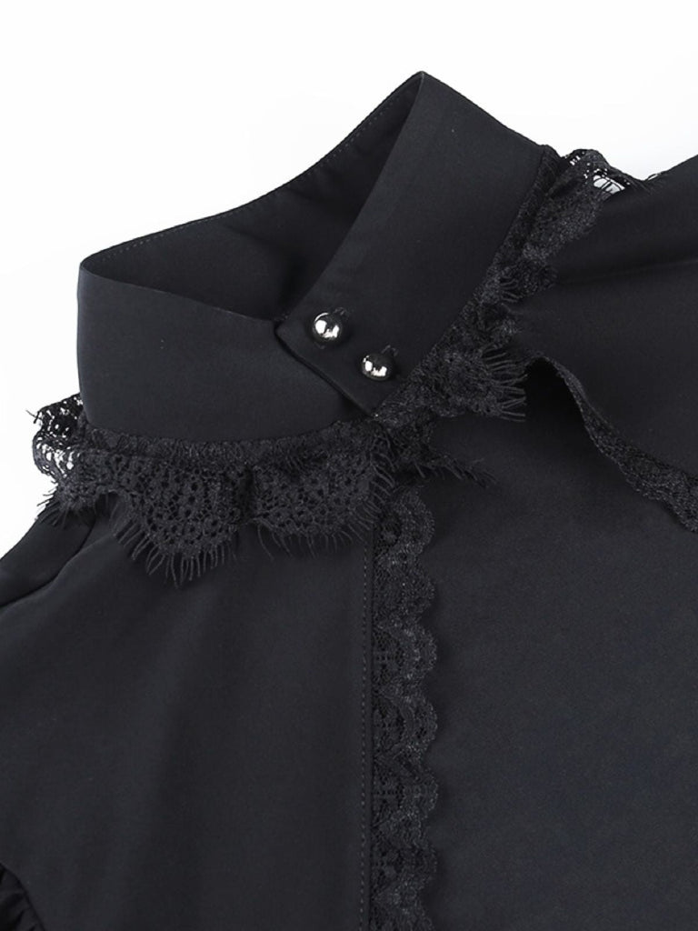 Haut courte noir col montant en dentelle gothique des années 1980