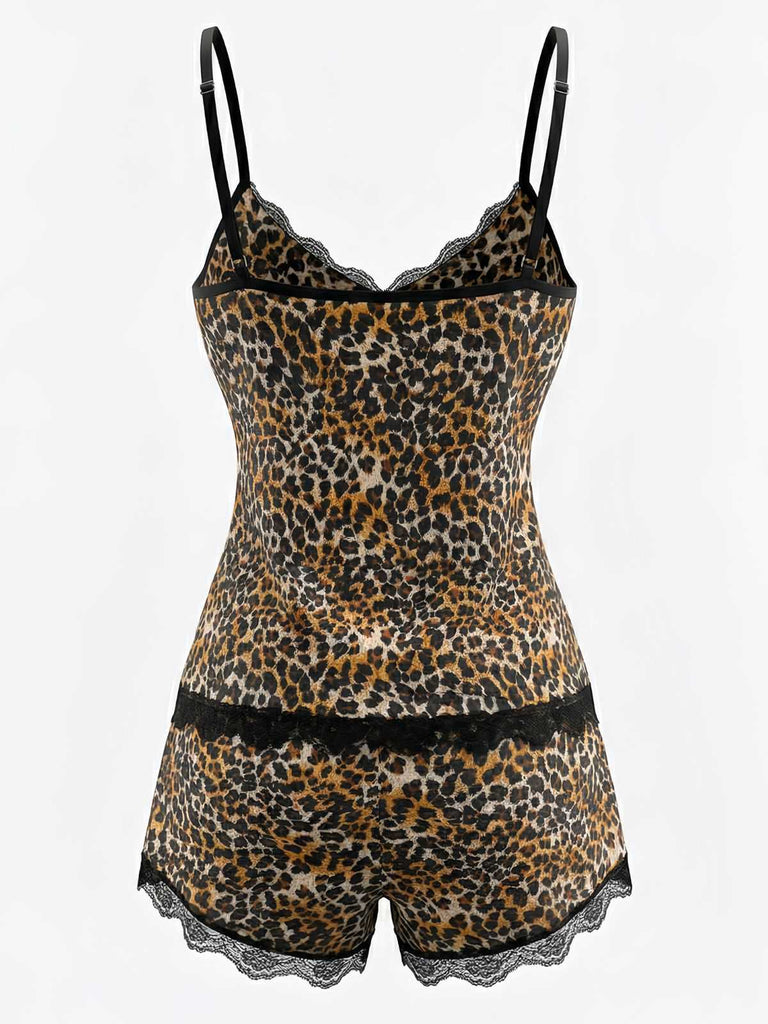 Ensemble De Pyjama Dentelle Léopard Bretelles Fin Marron Année 1970