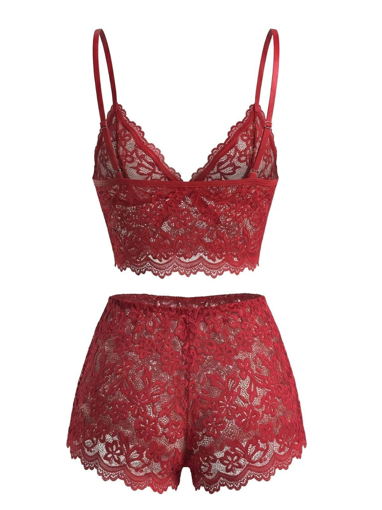 Ensemble De Pyjama Bretelles Fin Dentelle Fleurie Nœud Rouge Année 1960