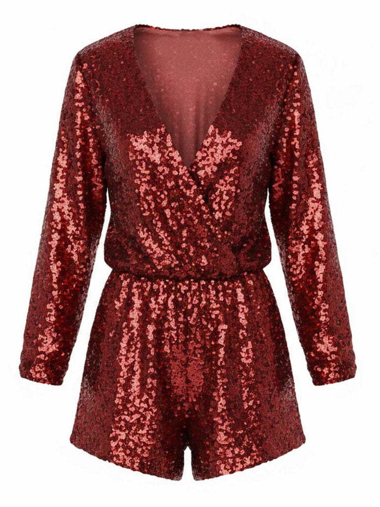 Combishort à manches longues et col en V à sequins années 1970