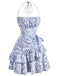 Robe à fleurs en porcelaine à volants et dos nu des années 1970