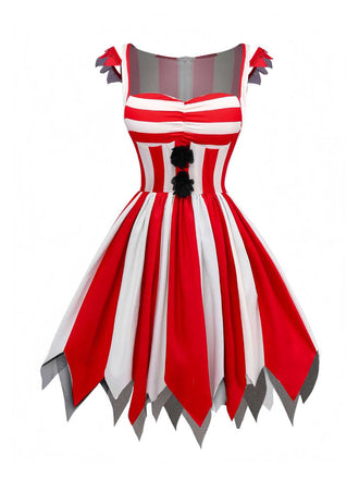 Robe à bretelles rayée rouge clown maléfique d'Halloween des années 1960