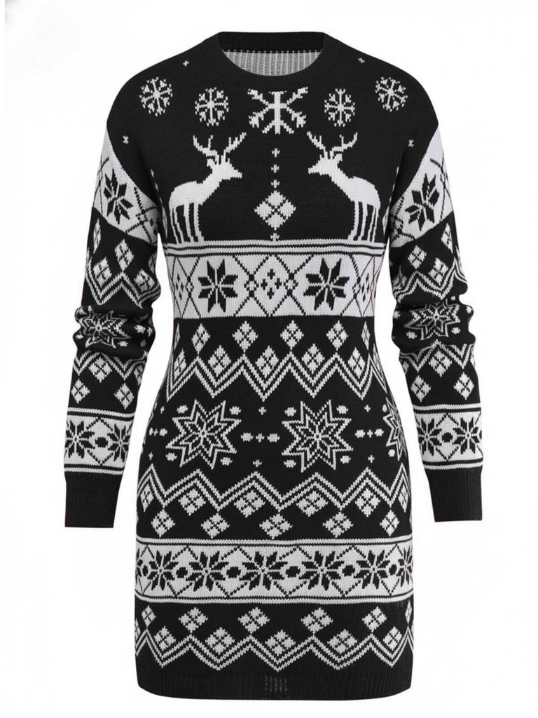 Robe en maille jacquard à rennes et de flocons de neige années 1960