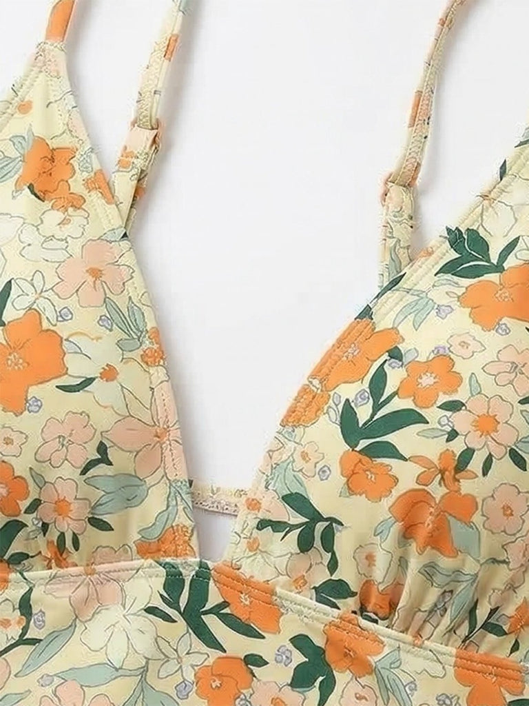 Maillot de bain une pièce fronces et col V fleuri années 1980