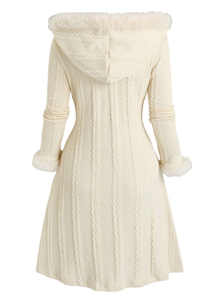 [Grande Taille] Manteau à capuche en maille ivoire bordée de fourrure des années 1950