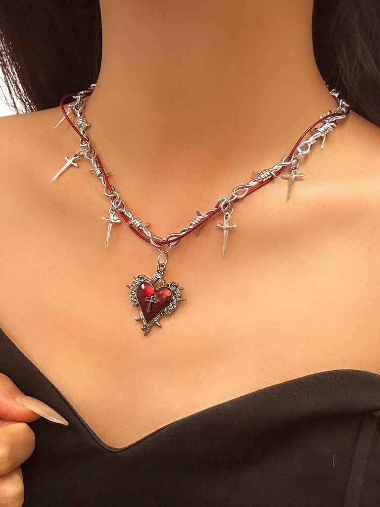 Collier croix cœur vin rouge vintage