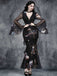 Robe sirène noire manches cloche col en V profond motif floral années 1930