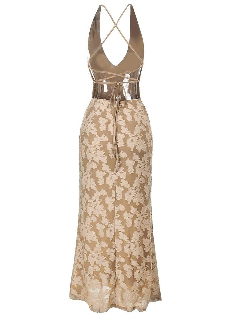 Robe longue dos nu en jacquard fleuri col en V des années 1930