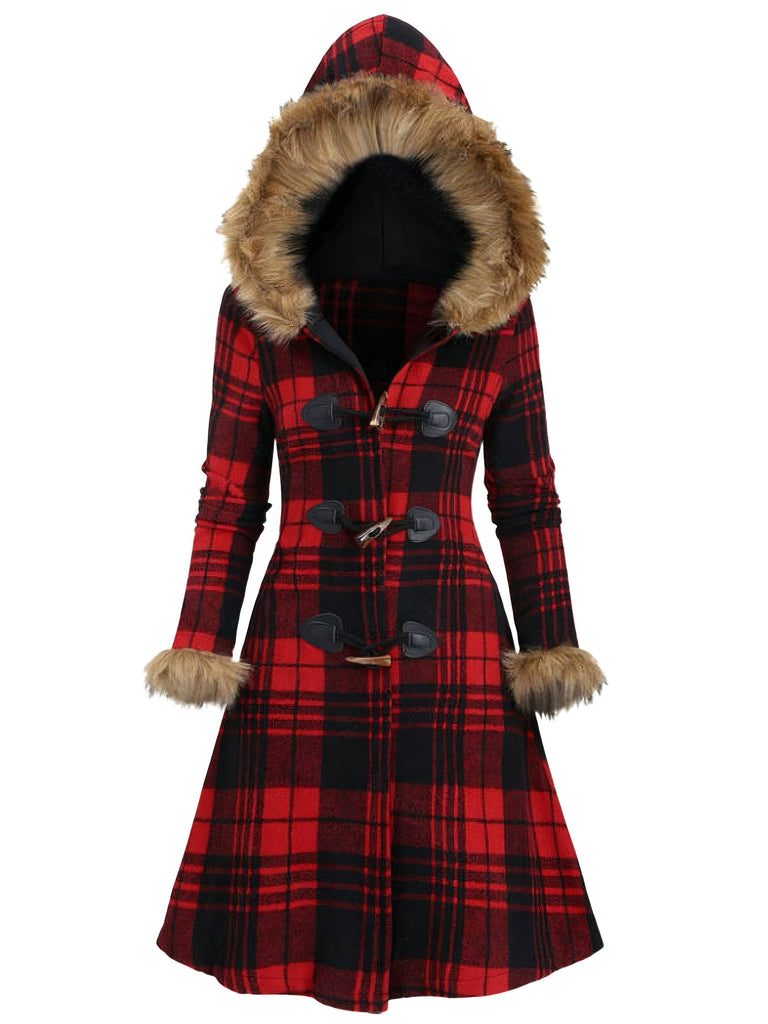 Manteau à capuche à carreaux et bordure en fausse fourrure années 1940