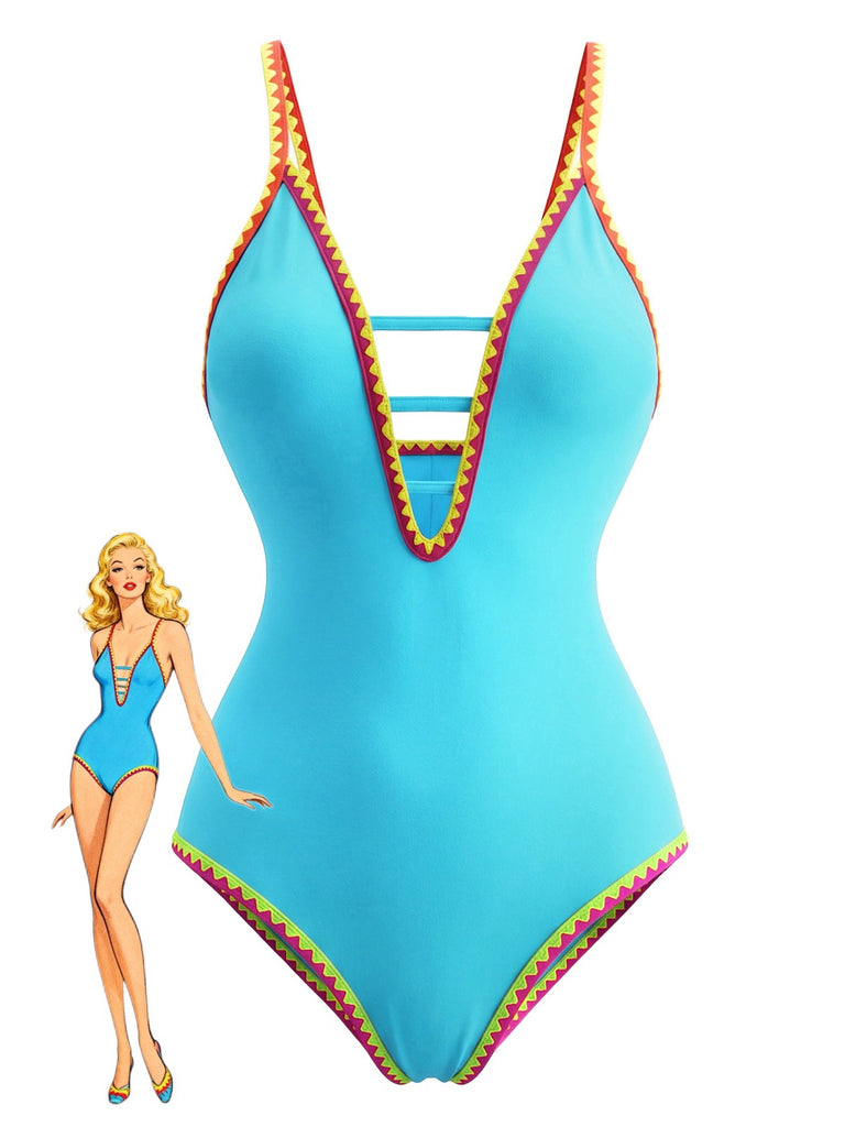 Maillot de bain une pièce à bretelles découpées color block années 1970