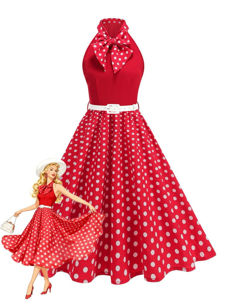 Robe Ceinturée Nœud Papillon Col Pois Années 1950