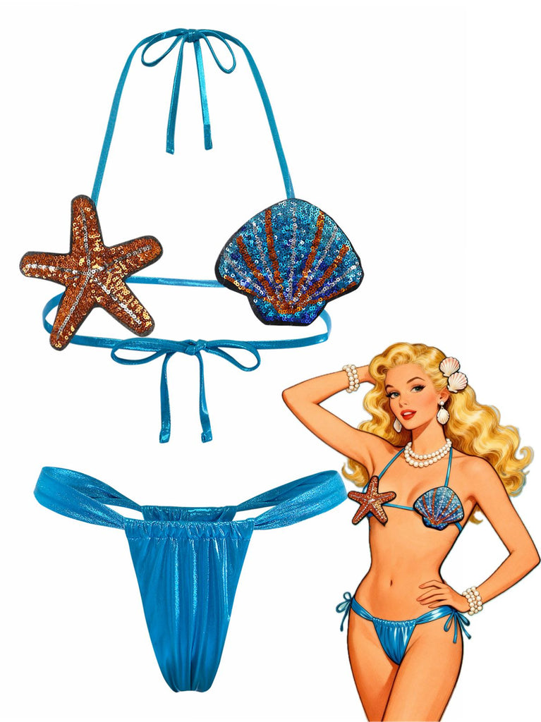 Bleu Coquillage & Étoile de Mer Ensemble Bikini Années 1970