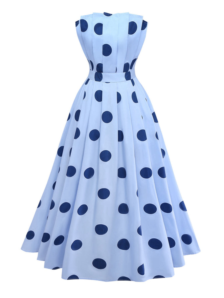 Robe Bleue Pois Sans Bretelles Plissée Années 1940