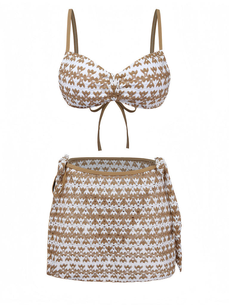 3PCS Kaki Crochet Ajouré Ensemble Bikini & Cache-Maillot Années 1950 2