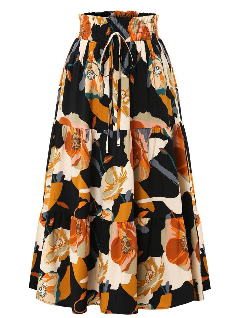 Jupe à volants style bohème à fleurs et nœud des années 1970