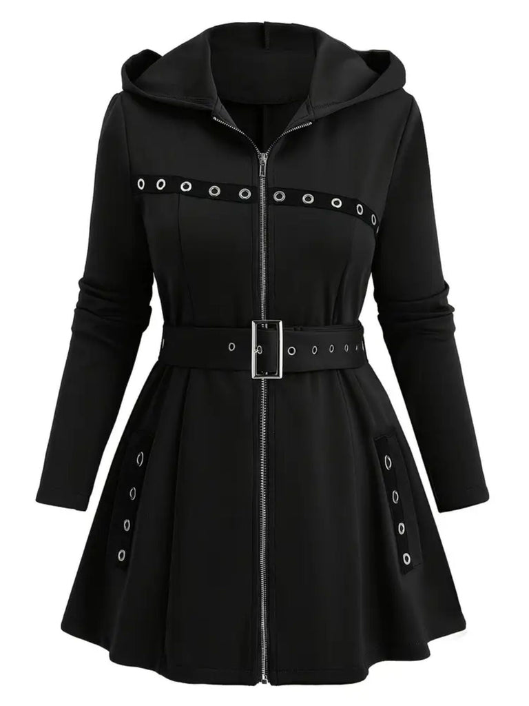 Veste midi punk à capuche et ceinture zippée années 1960