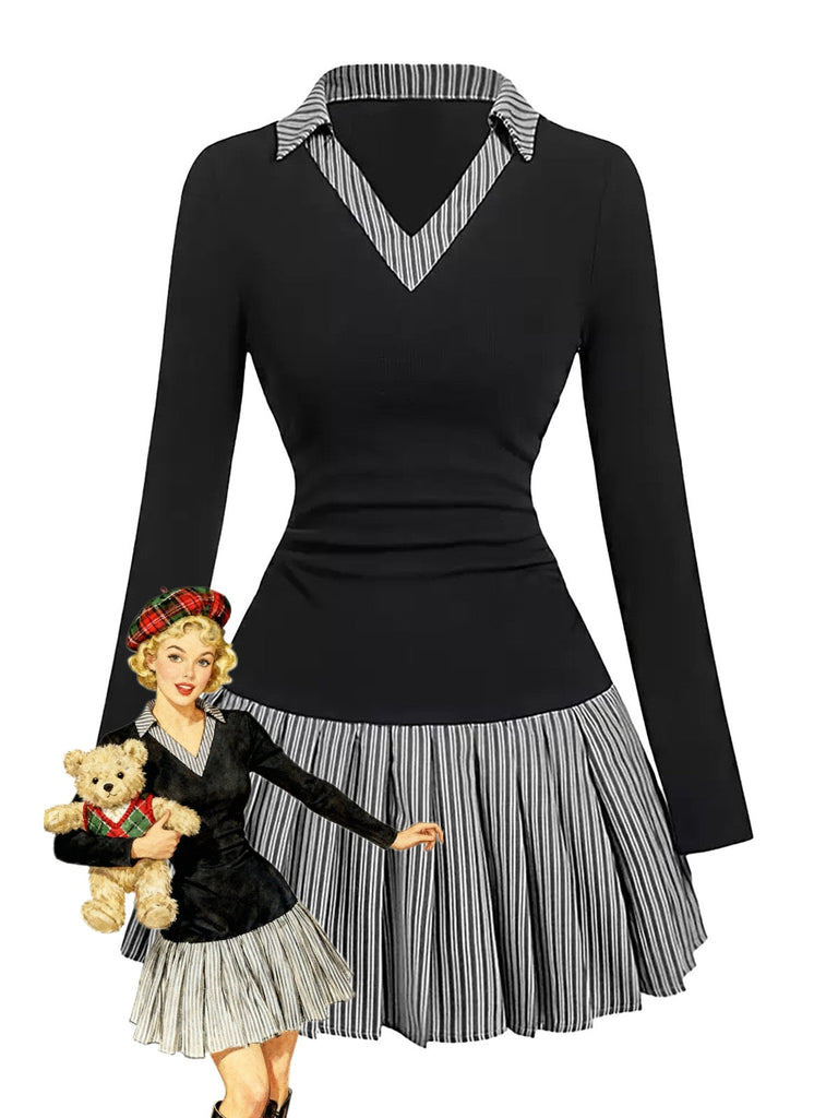 Robe à col en V rayée et plissée effet deux-en-un années 1960
