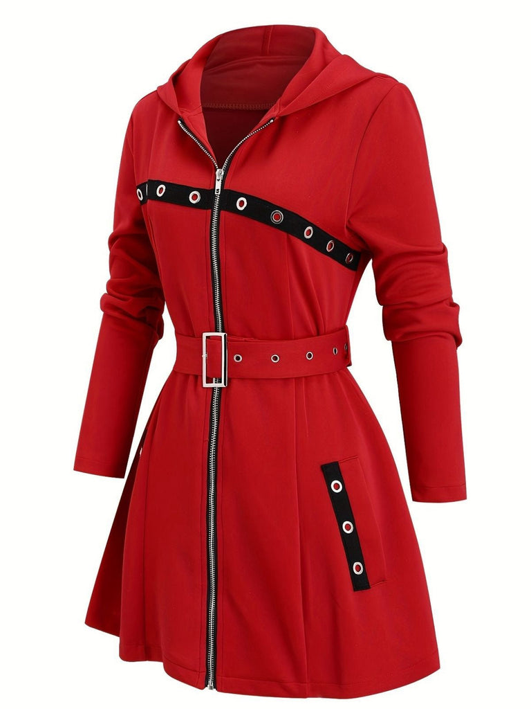 Veste midi punk à capuche et ceinture zippée années 1960