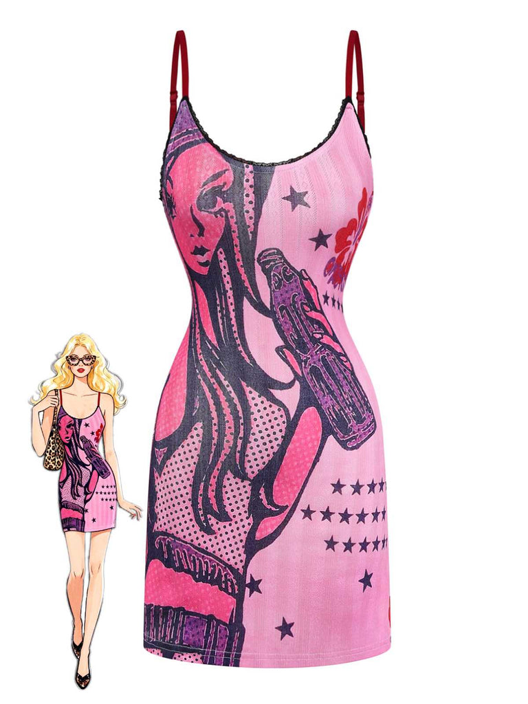 Robe Slip Rose Bordure Dentelle Motif Dessin Animé Années 2000